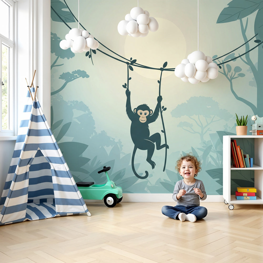 Blue jungle monkey mural wallpaper in modern nursery with wooden crib by Kids-Mundo