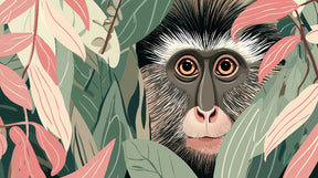 Detailed curious monkey jungle mural wallpaper design pattern with exotic foliage by Kids-Mundo
