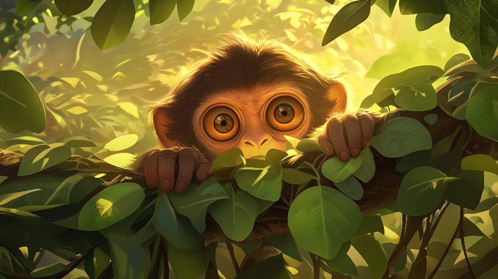 Detailed jungle monkey mural wallpaper design pattern with tropical foliage by Kids-Mundo