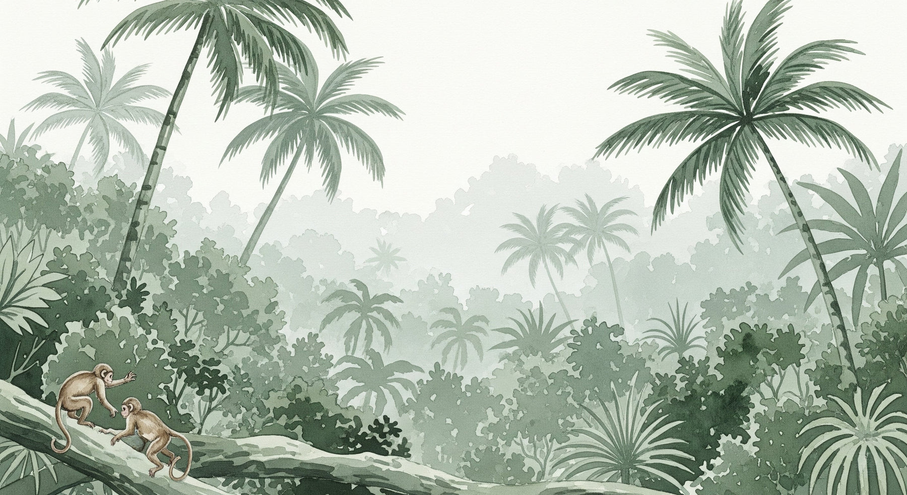 Detailed jungle monkey mural wallpaper design pattern with tropical foliage by Kids-Mundo
