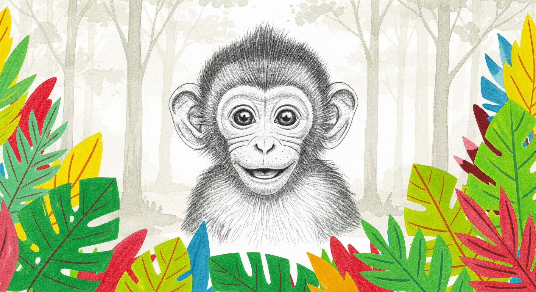 Detailed jungle monkey mural wallpaper design pattern with tropical foliage by Kids-Mundo