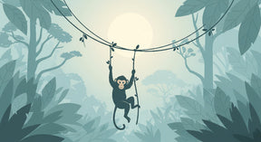 Detailed jungle monkey mural wallpaper design pattern with blue-green botanical elements by Kids-Mundo