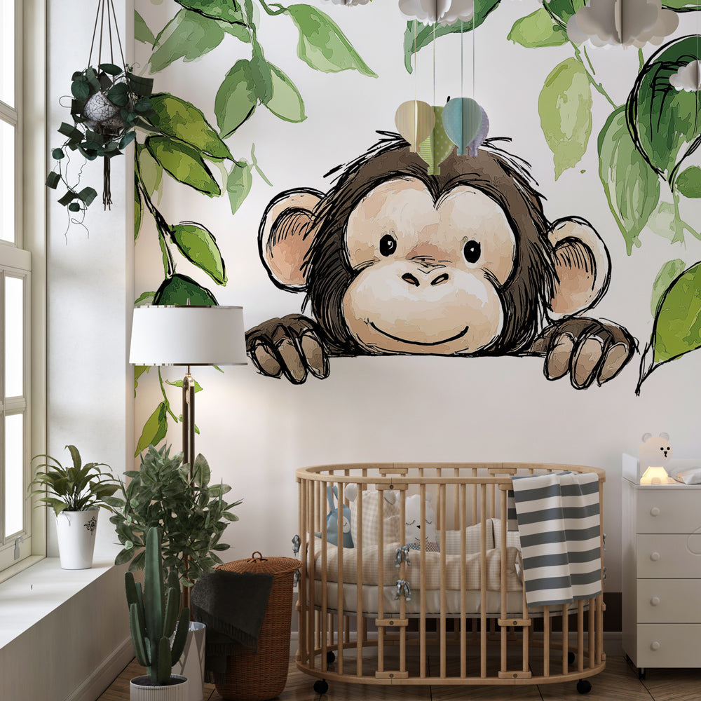 Curious monkey wallpaper creating adventure-themed children's bedroom decor