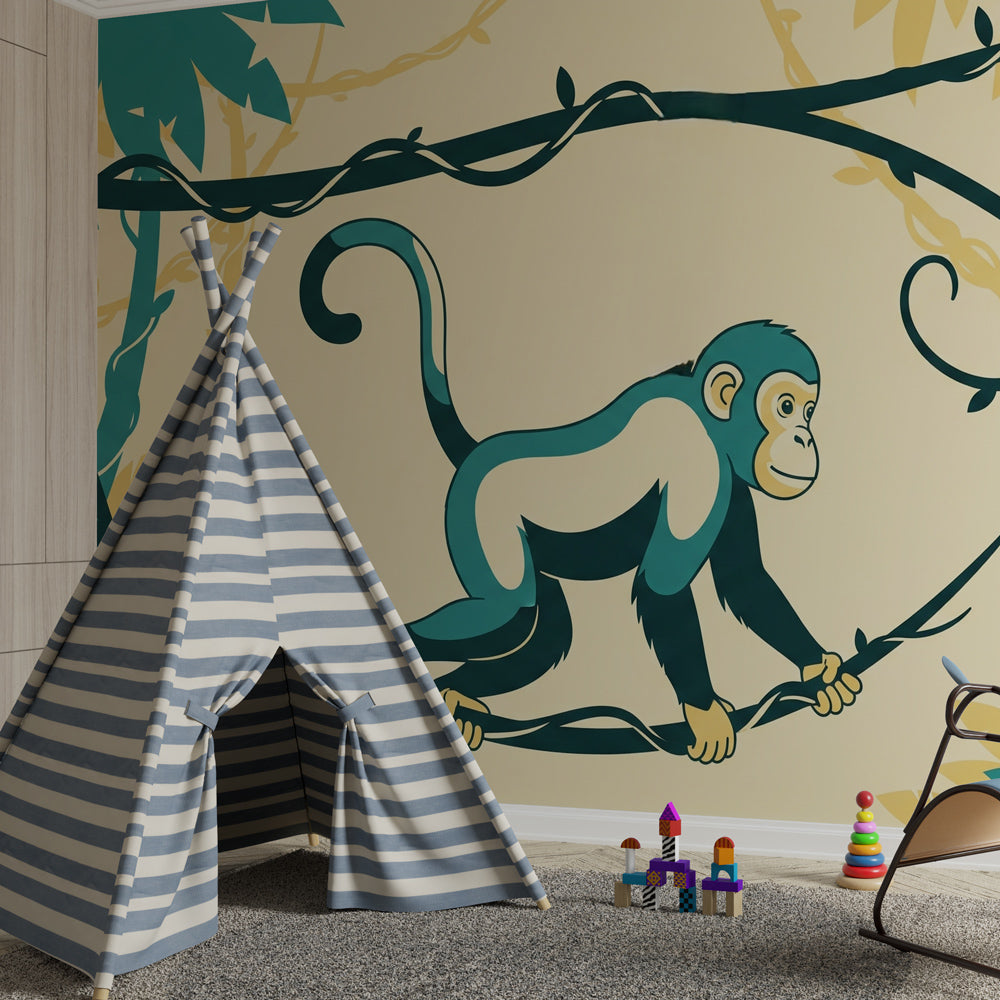Playful monkey wallpaper with tropical leaves decorating children's bedroom in blue and yellow tones