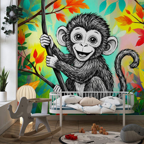 Colorful monkey wallpaper transforming children's bedroom into tropical jungle adventure by Kids-Mundo