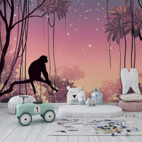 Twilight safari monkey wallpaper creating magical atmosphere in children's bedroom decor