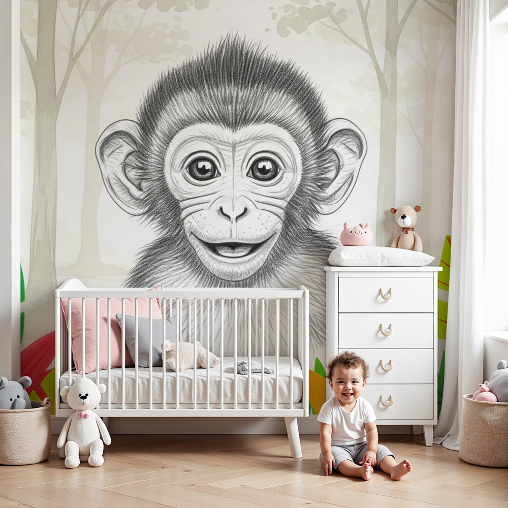 Jungle monkey mural wallpaper creating playful safari nursery decor by Kids-Mundo