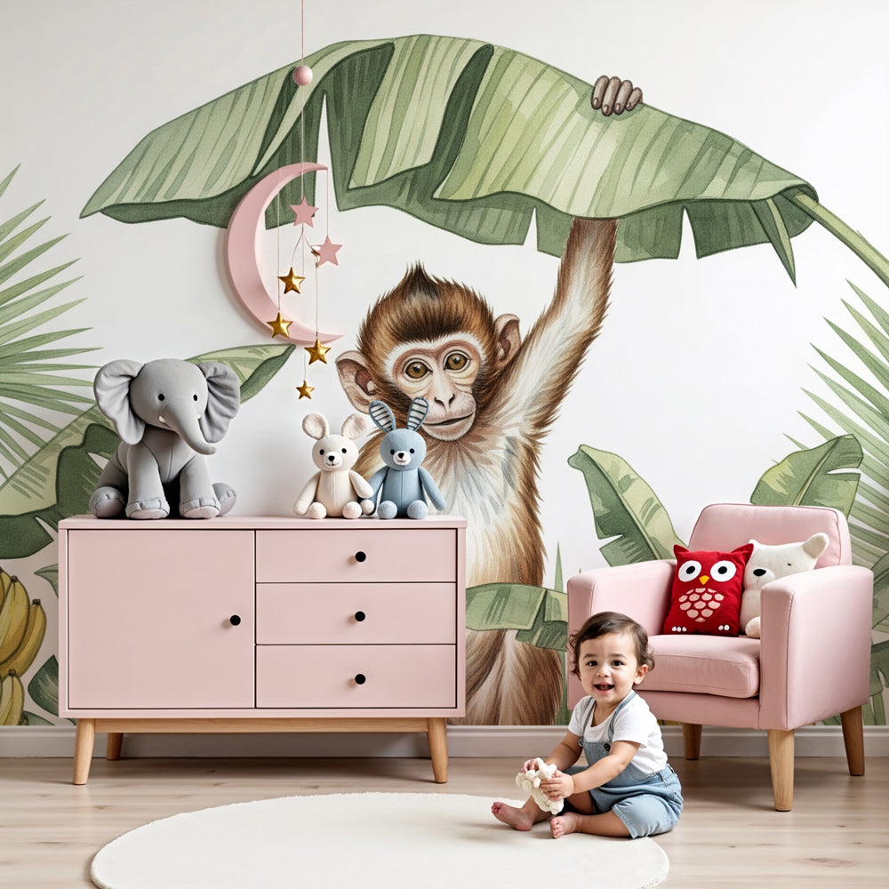 Jungle monkey mural wallpaper in modern nursery with tropical adventure theme by Kids-Mundo