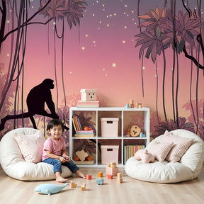 Jungle monkey mural wallpaper with twilight colors in modern nursery room by Kids-Mundo