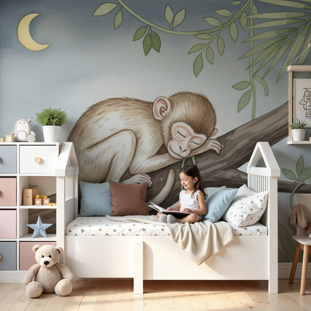 Sleeping monkey jungle mural wallpaper in peaceful nursery setting by Kids-Mundo