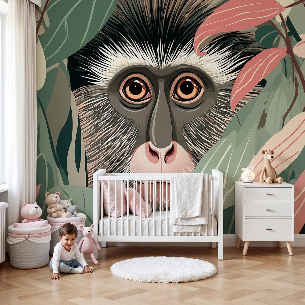 Jungle monkey mural wallpaper creating safari adventure atmosphere in modern kids nursery by Kids-Mundo