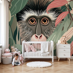 Jungle monkey mural wallpaper creating safari adventure atmosphere in modern kids nursery by Kids-Mundo