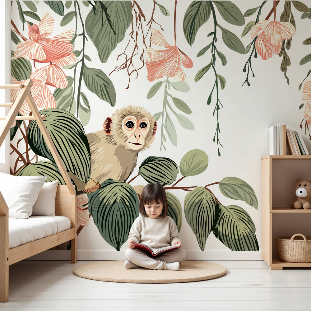 Jungle monkey mural wallpaper creating tropical safari atmosphere in modern nursery by Kids-Mundo