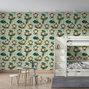 Playful monkey themed mural wallpaper with golden stars creating magical kids playroom atmosphere