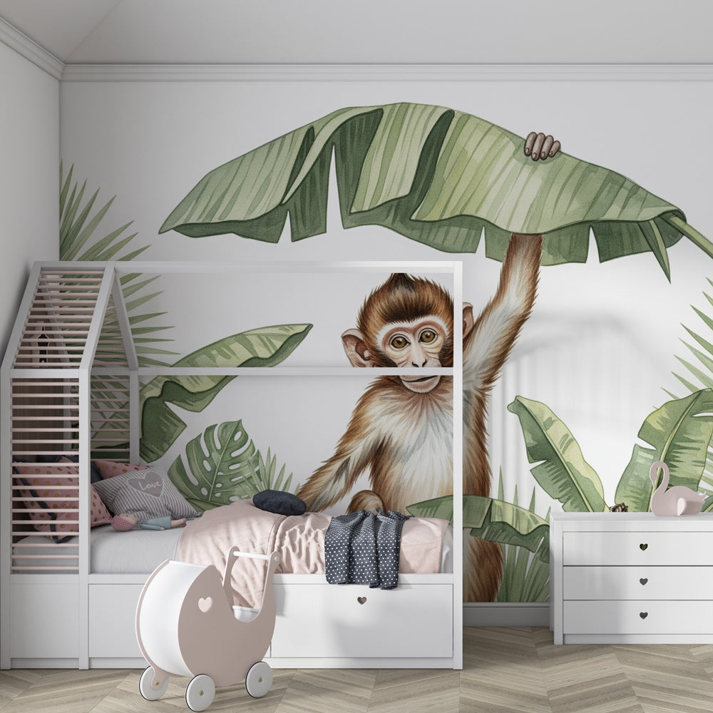 Tropical animal mural wallpaper with monkey and banana leaves in kids playroom setting