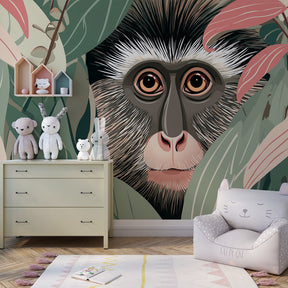 Safari themed monkey mural wallpaper inspiring imagination in colorful kids playroom setting