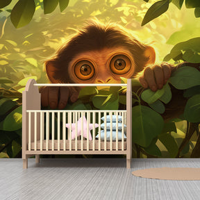 Safari-themed monkey wallpaper creating adventurous playroom environment for kids