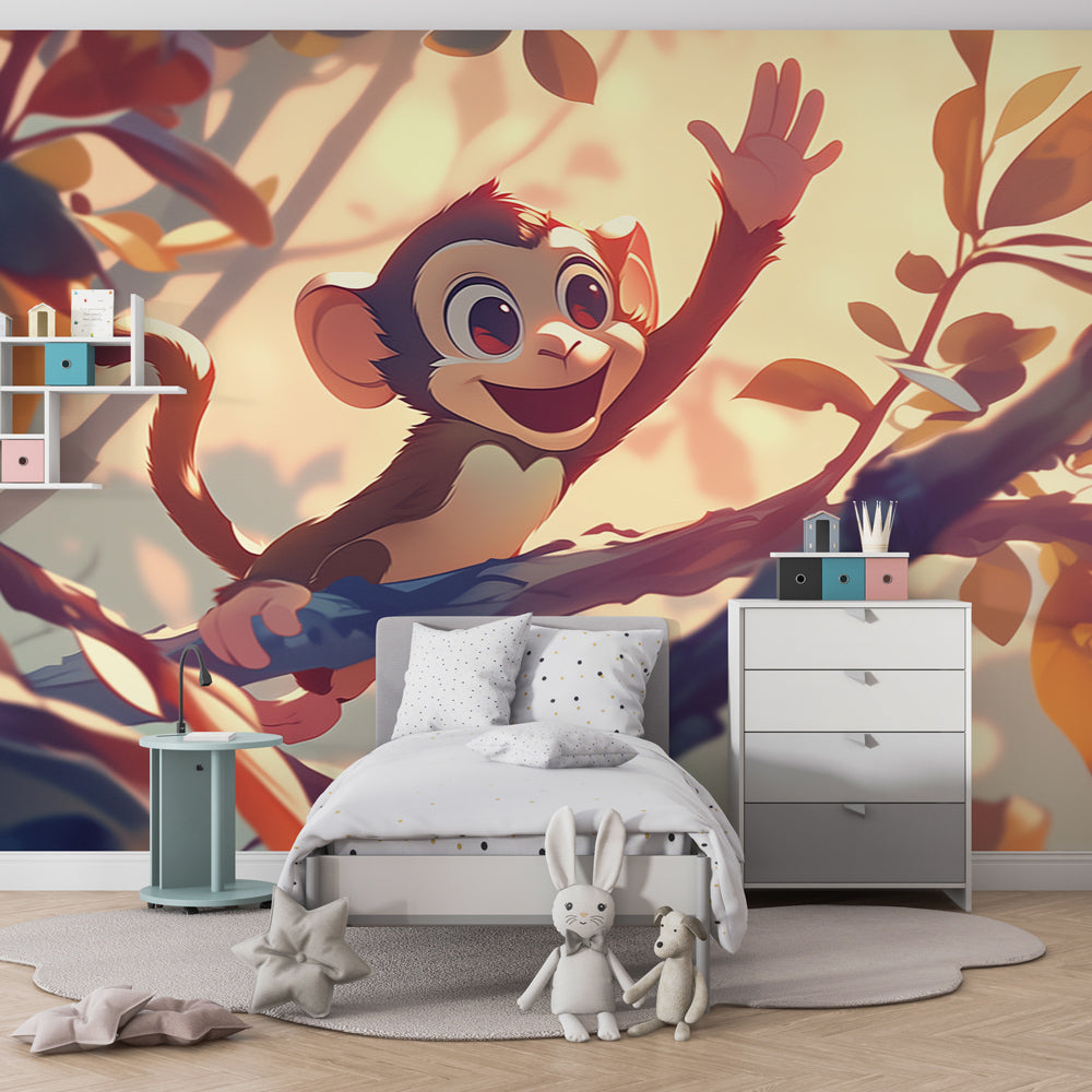 Tropical monkey themed wallpaper transforming kids playroom into jungle adventure space
