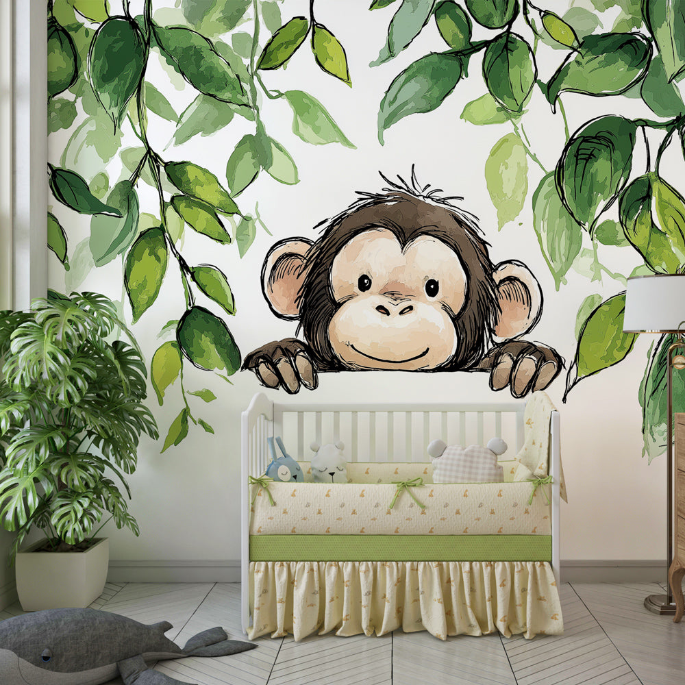 Tropical monkey mural wallpaper in bright kids playroom with natural lighting