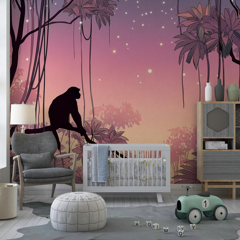 Tropical monkey mural wallpaper with pink purple sunset in kids playroom by Kids-Mundo