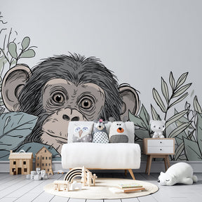 Playful jungle monkey wallpaper with lush foliage in colorful children's playroom