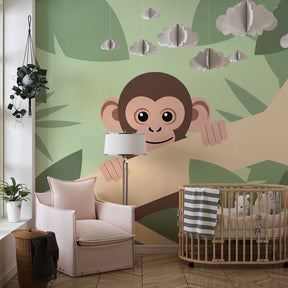 Nature-themed monkey mural wallpaper for toddler room with tropical leaves and gentle colors