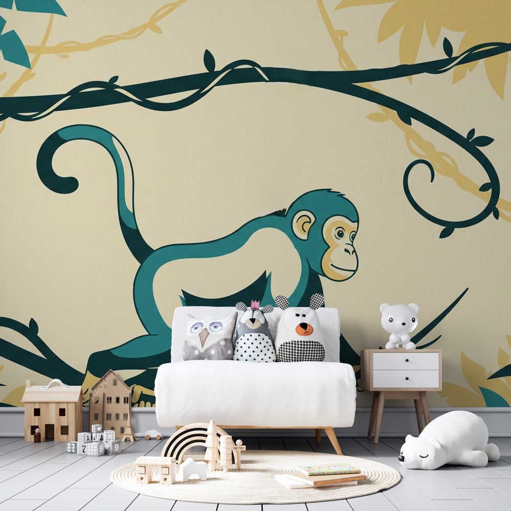 Safari themed jungle wallpaper with swinging monkey creating adventure zone in toddler's room