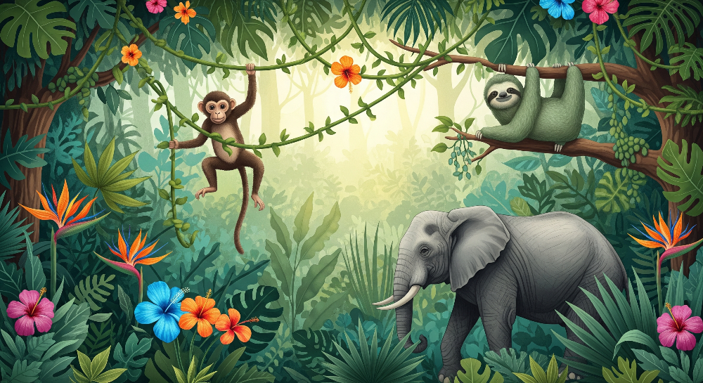 Kids-Mundo flat artwork preview of the jungle monkey, sloth and elephant mural design.