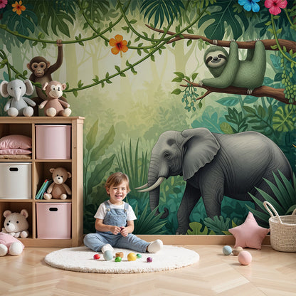 Kids-Mundo jungle monkey and elephant wall mural styled above a cot in a soft nursery.