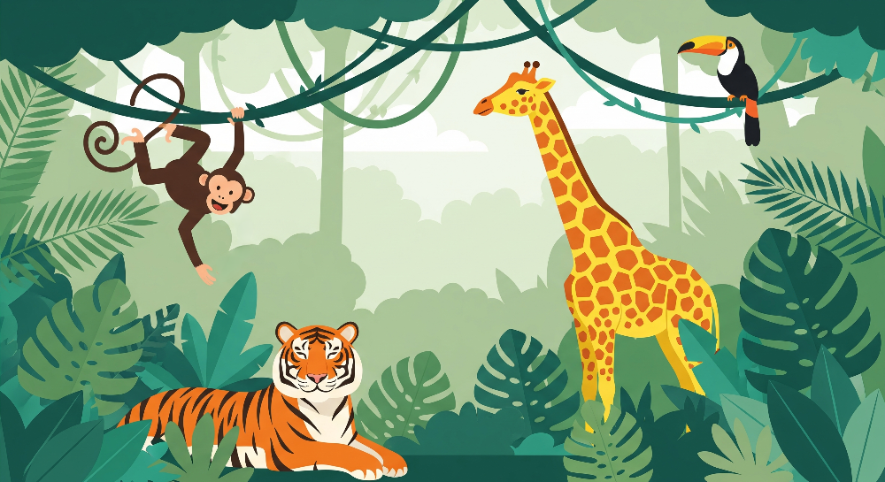 Kids-Mundo flat artwork preview of the jungle monkey, tiger and giraffe wall mural