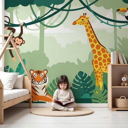Kids-Mundo jungle tiger and giraffe wall mural styled in a bright nursery room