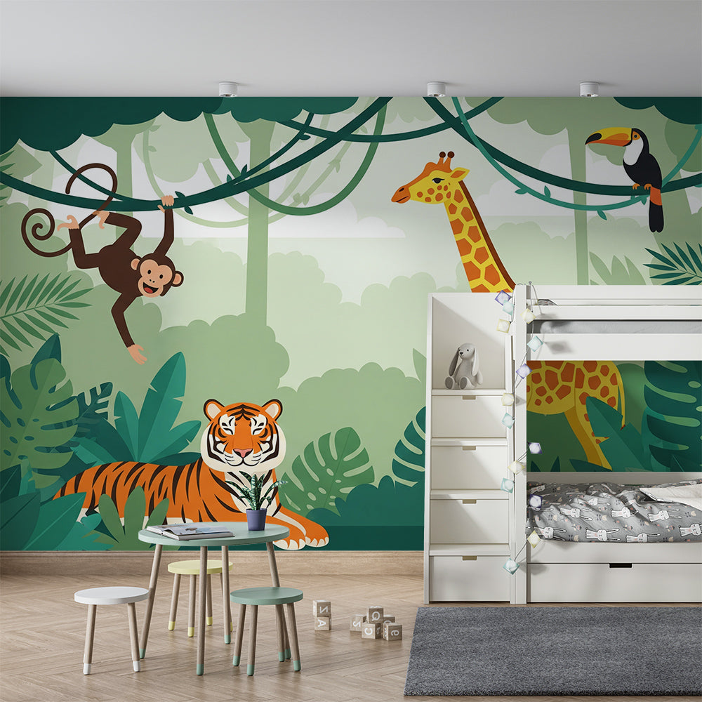 Kids-Mundo jungle tiger wall mural brightening an adventurous playroom wall