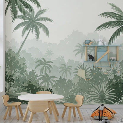 Kids-Mundo playful monkey jungle wall mural behind a child's bed in a cosy bedroom