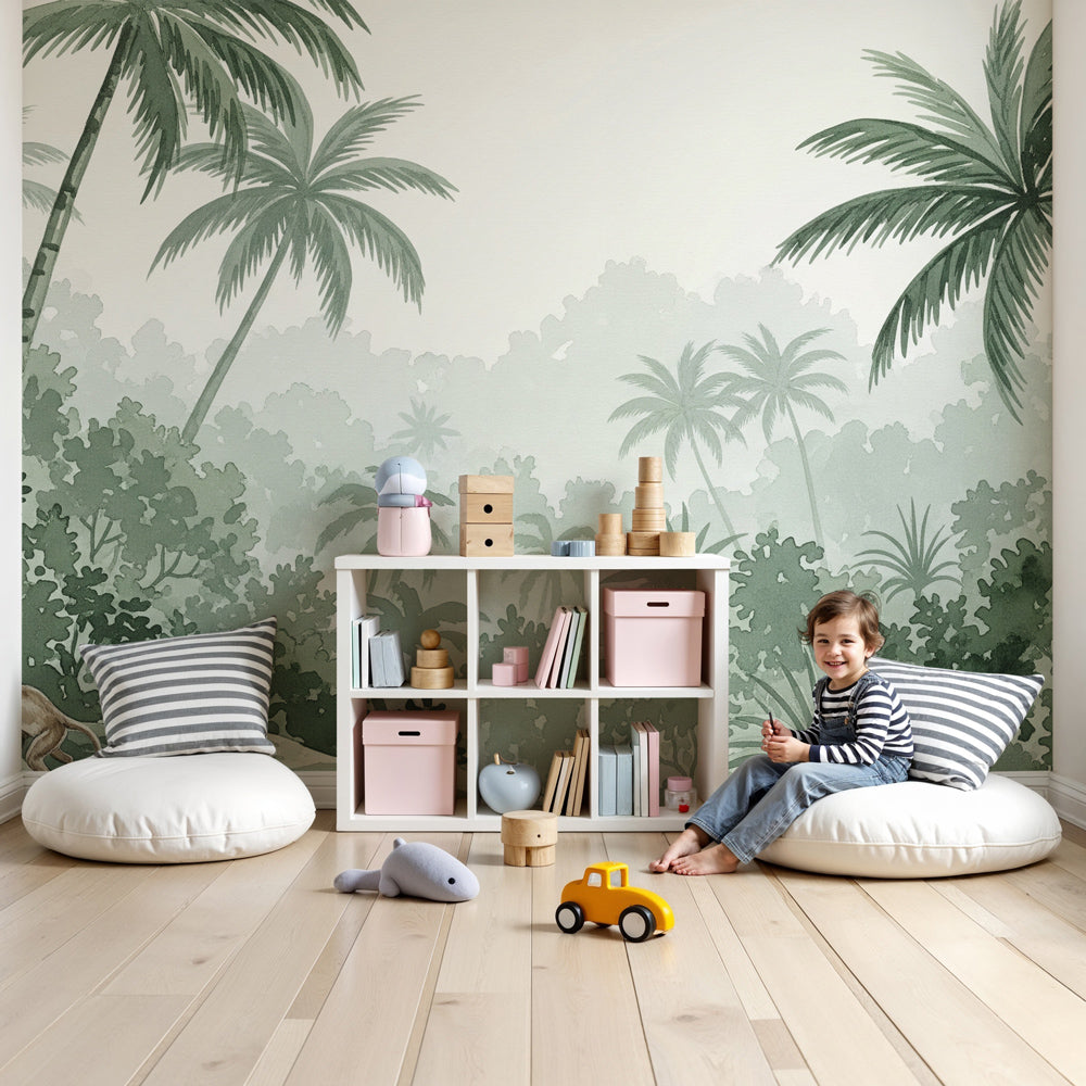 Kids-Mundo sage green jungle monkey wall mural in a bright nursery with a cot