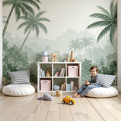 Kids-Mundo sage green jungle monkey wall mural in a bright nursery with a cot