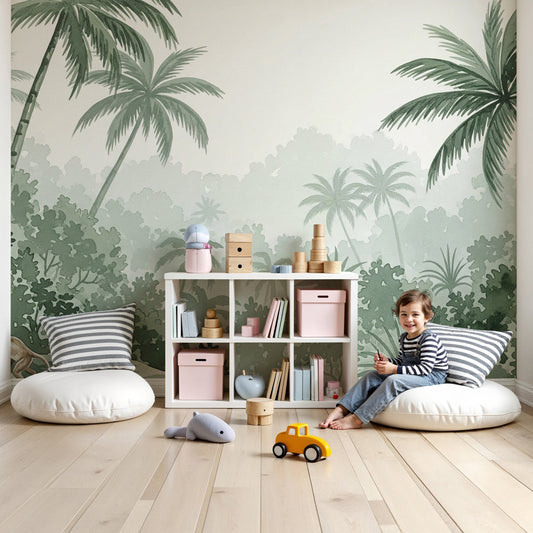 Kids-Mundo sage green jungle monkey wall mural in a bright nursery with a cot