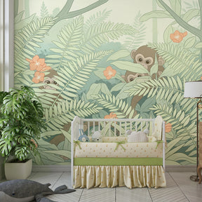 Tropical jungle wallpaper with playful monkeys creating adventurous kids bedroom decor