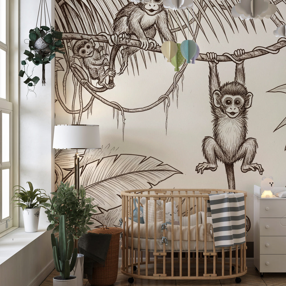 Tropical monkey wallpaper transforming kids bedroom into jungle adventure space with natural themes