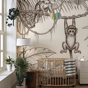 Tropical monkey wallpaper transforming kids bedroom into jungle adventure space with natural themes