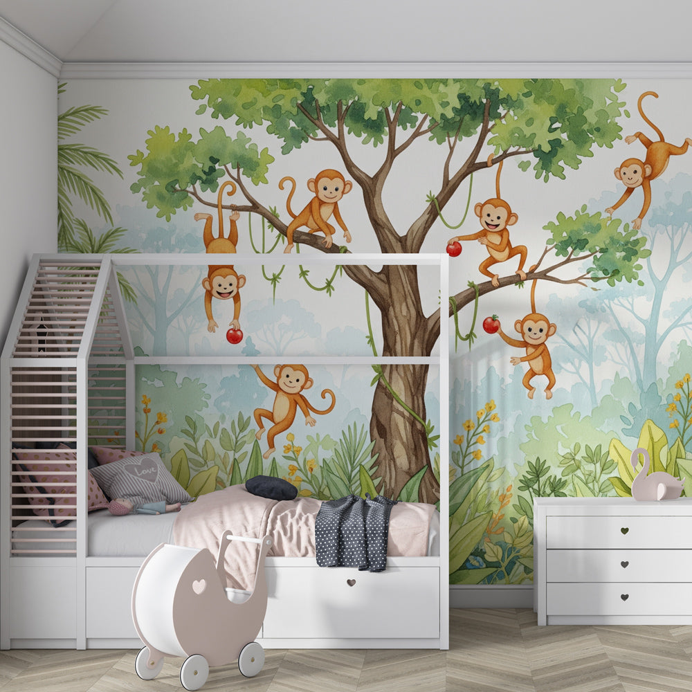 Playful monkey wallpaper creating adventure-themed kids bedroom with lush jungle design