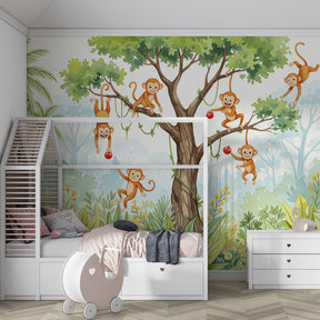 Playful monkey wallpaper creating adventure-themed kids bedroom with lush jungle design
