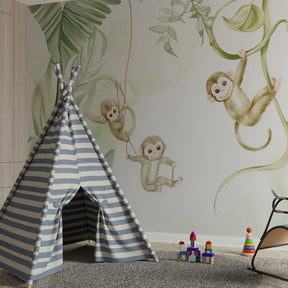 Playful monkey wallpaper creating tropical adventure atmosphere in kids bedroom
