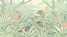 Detailed jungle monkeys mural wallpaper design pattern with tropical ferns and orange flowers by Kids-Mundo