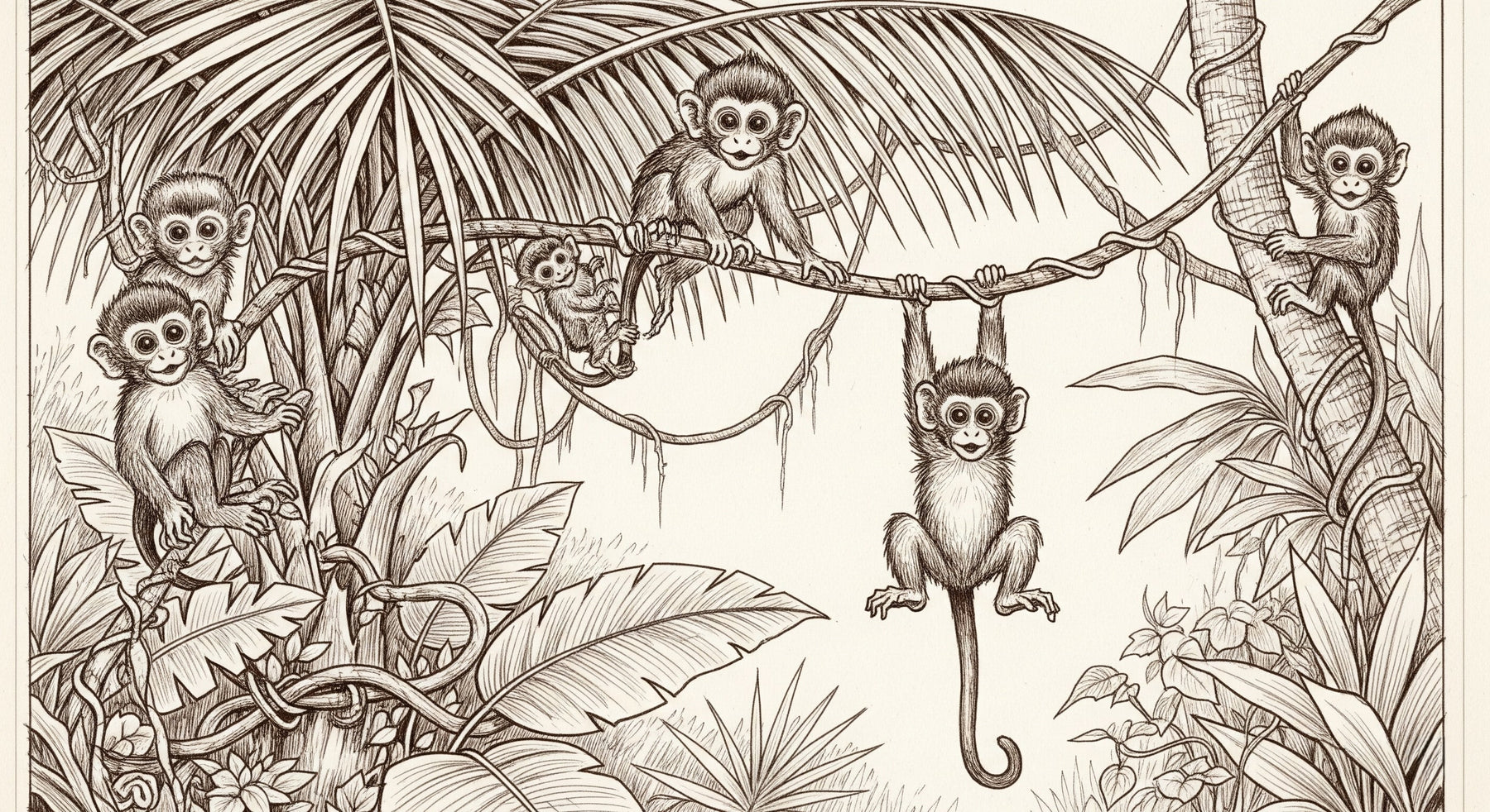 Detailed jungle monkeys mural wallpaper design pattern showing tropical primates and foliage by Kids-Mundo
