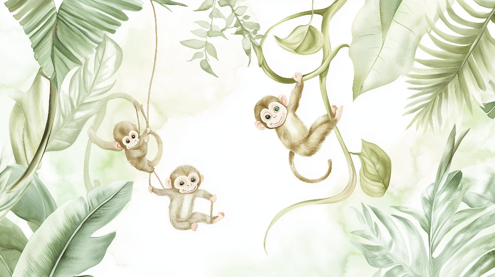 Detailed jungle monkey mural wallpaper design pattern with tropical foliage by Kids-Mundo