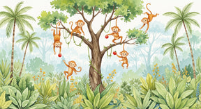 Detailed jungle monkeys mural wallpaper design pattern with tropical foliage by Kids-Mundo