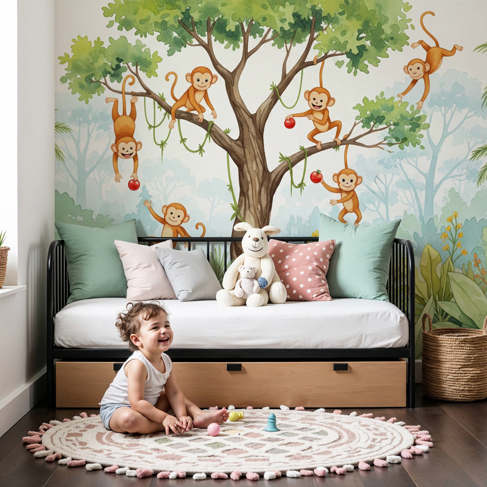 Jungle monkeys mural wallpaper in modern nursery with tropical safari theme by Kids-Mundo