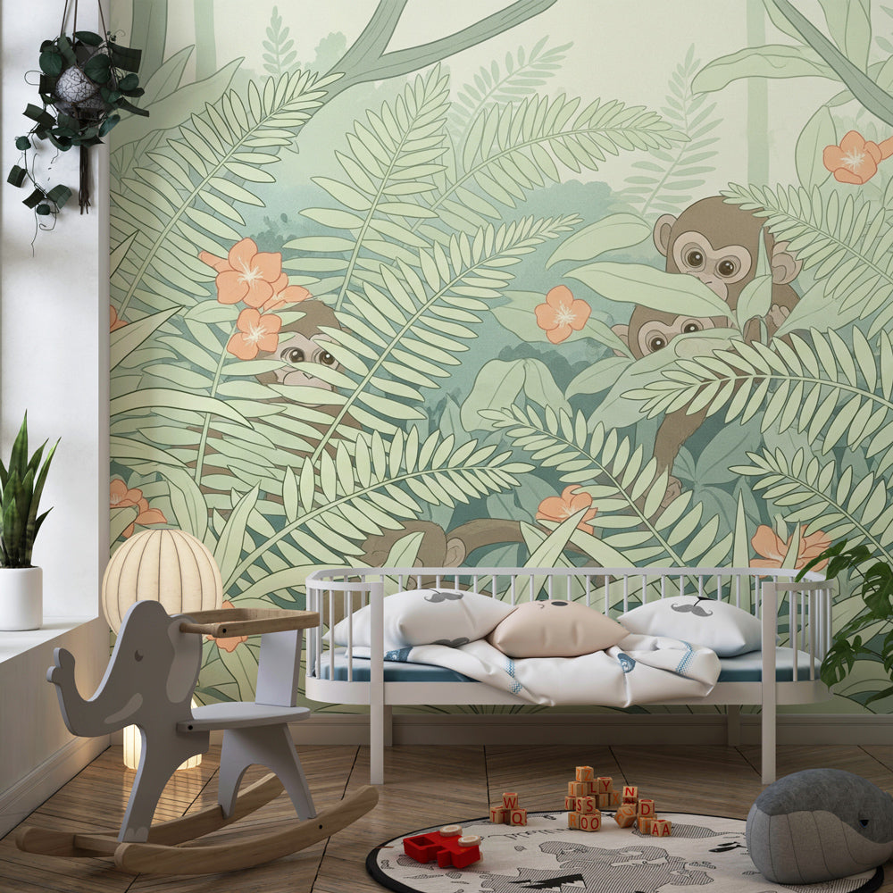 Kids jungle animal wallpaper featuring monkeys and lush ferns in children's playroom setting