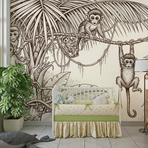 Children's jungle wallpaper featuring swinging monkeys in tropical setting for playroom decor
