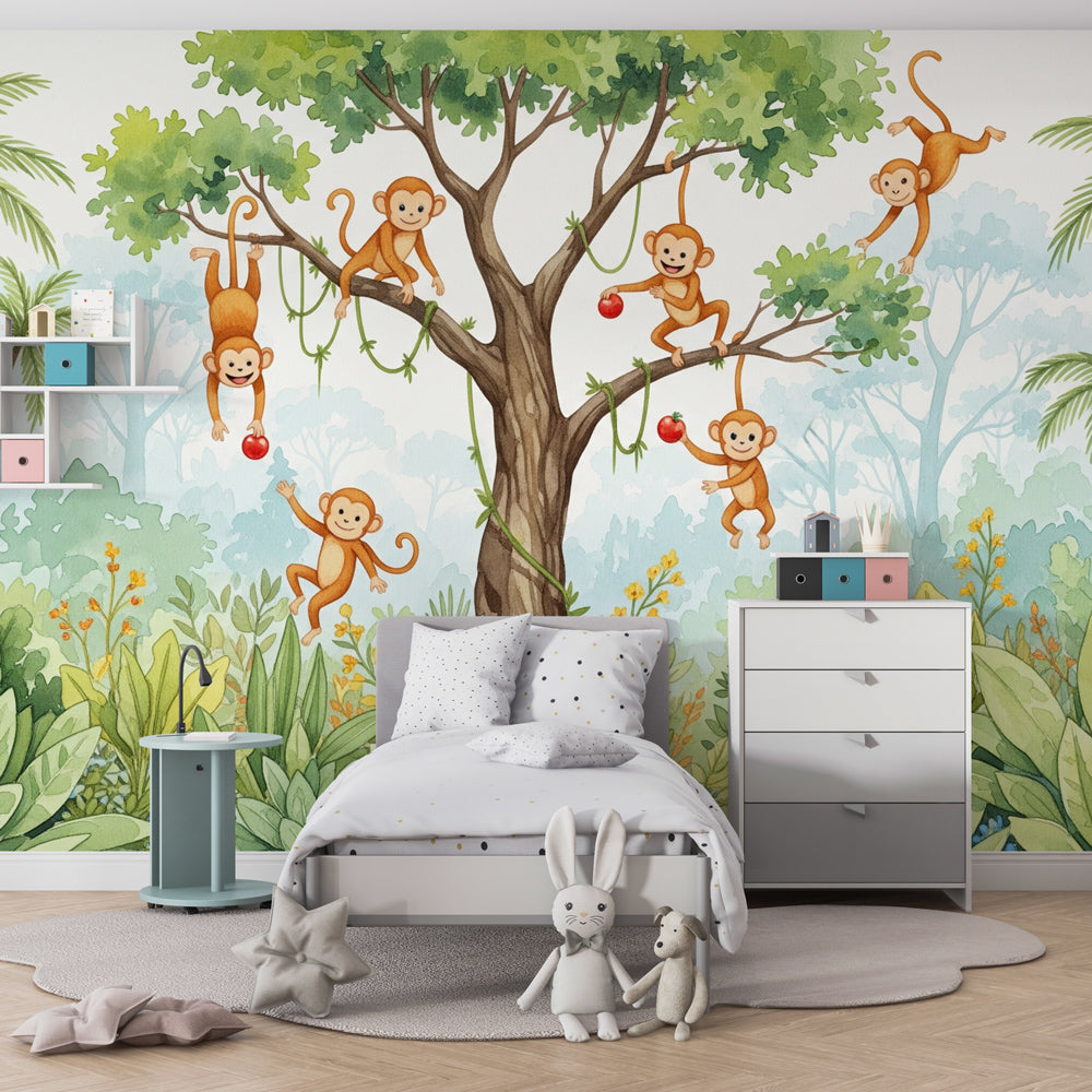 Tropical jungle monkey wallpaper transforming children's playroom into safari adventure